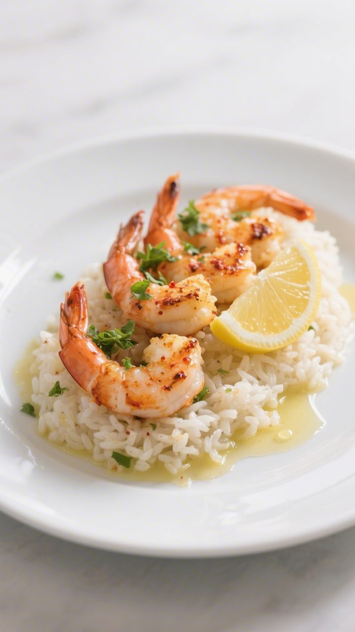 Final plated dish: Beautifully plated garlic-butter shrimp over lemony rice on a white ceramic plate