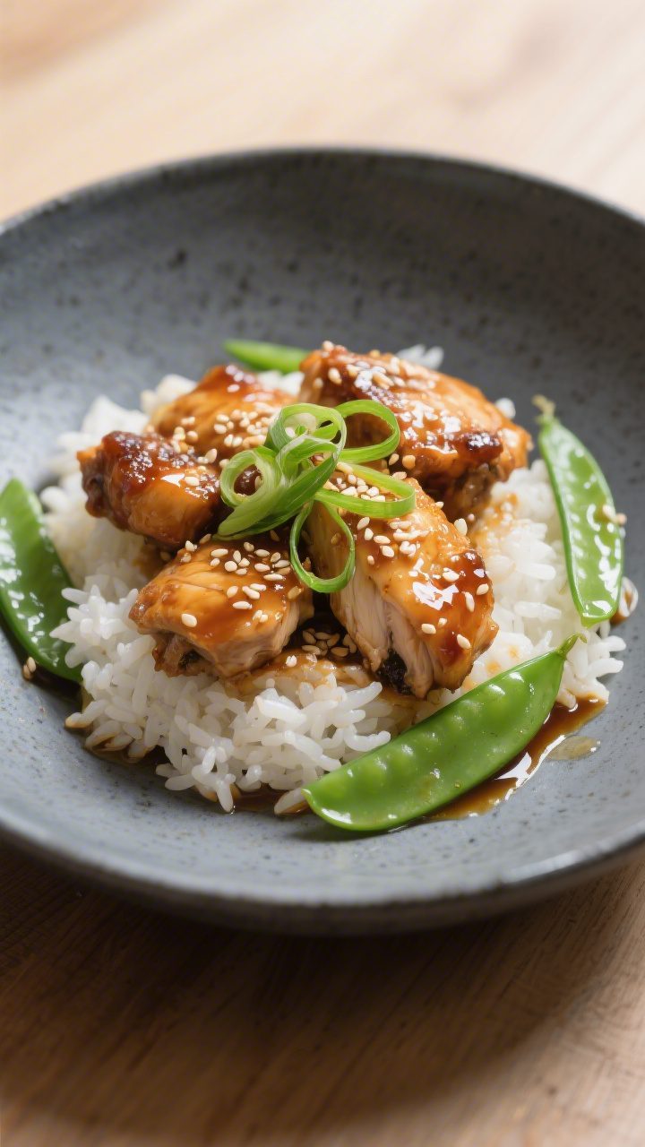 Final plated dish, : Beautifully plated honey garlic chicken over fluffy white rice in a charcoal-gr