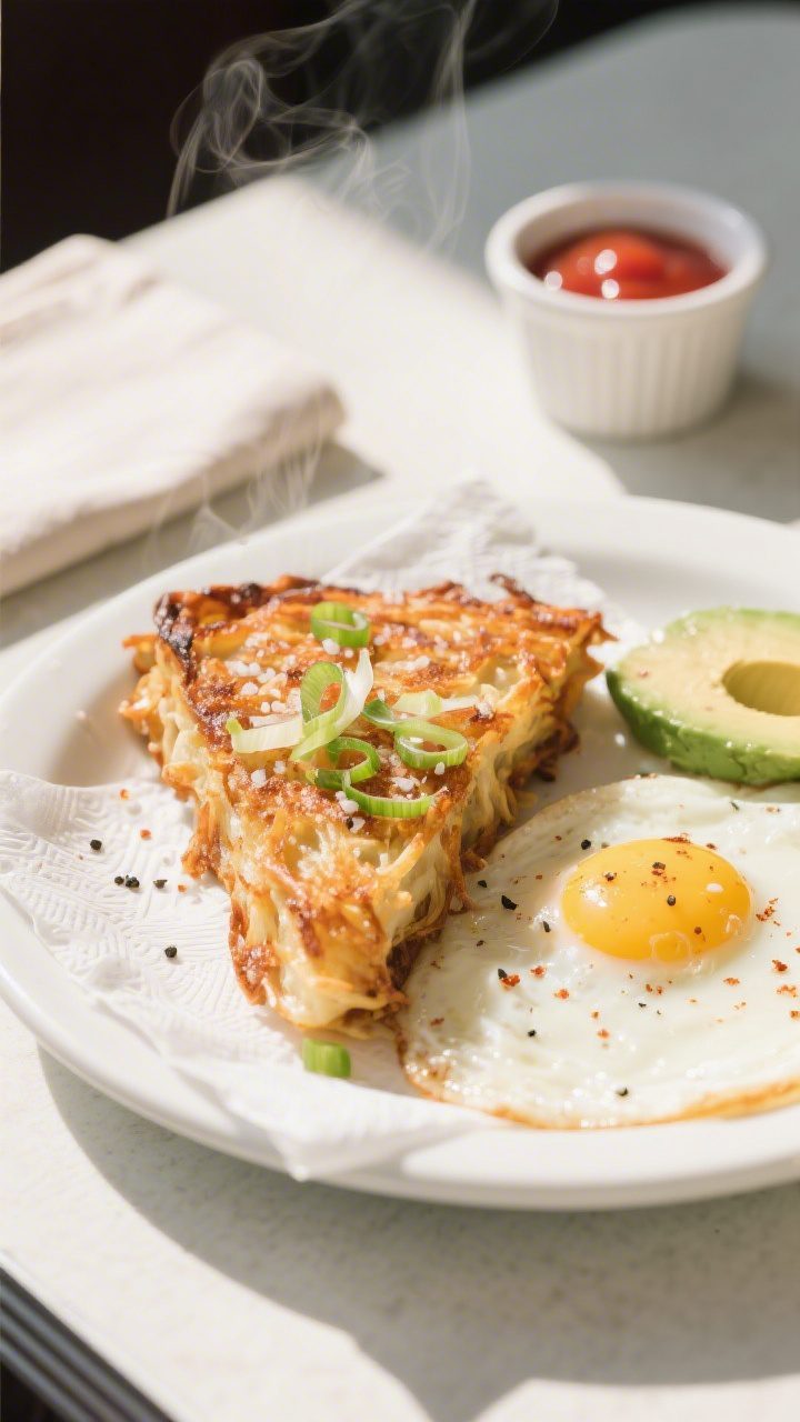 Final plated dish, diner-style: A wedge of crispy-on-the-outside, tender-centered hash browns served