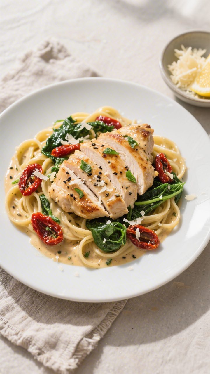 Final plated dish, overhead presentation: Overhead shot of Creamy Tuscan Chicken served over al dent