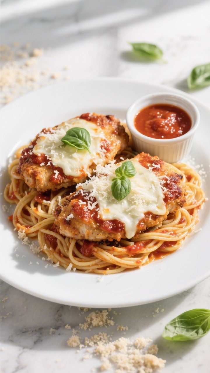 Final plated dish, overhead: Restaurant-quality presentation of Air Fryer Chicken Parmesan served ov