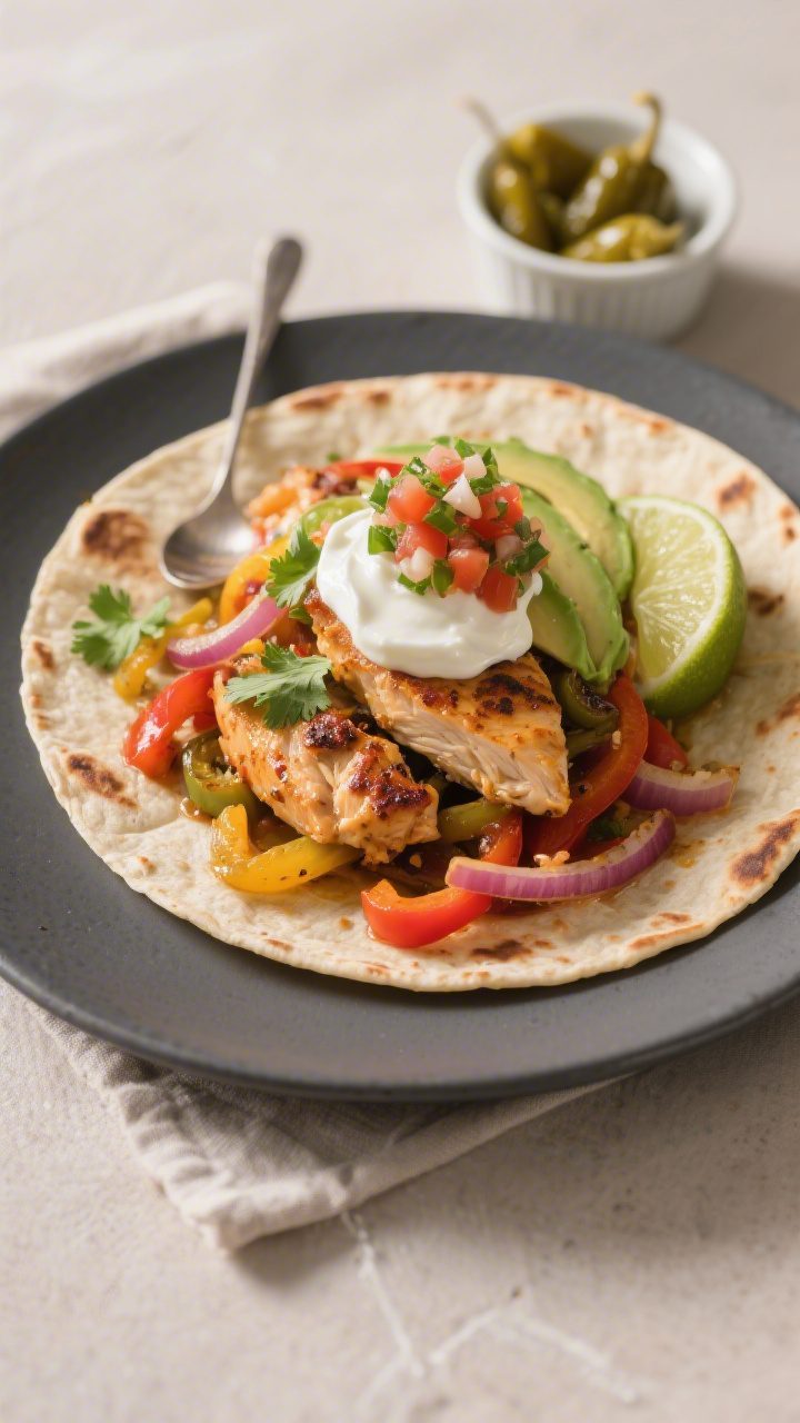 Final plated dish, restaurant-quality: Beautifully plated chicken fajitas assembled in warm flour to