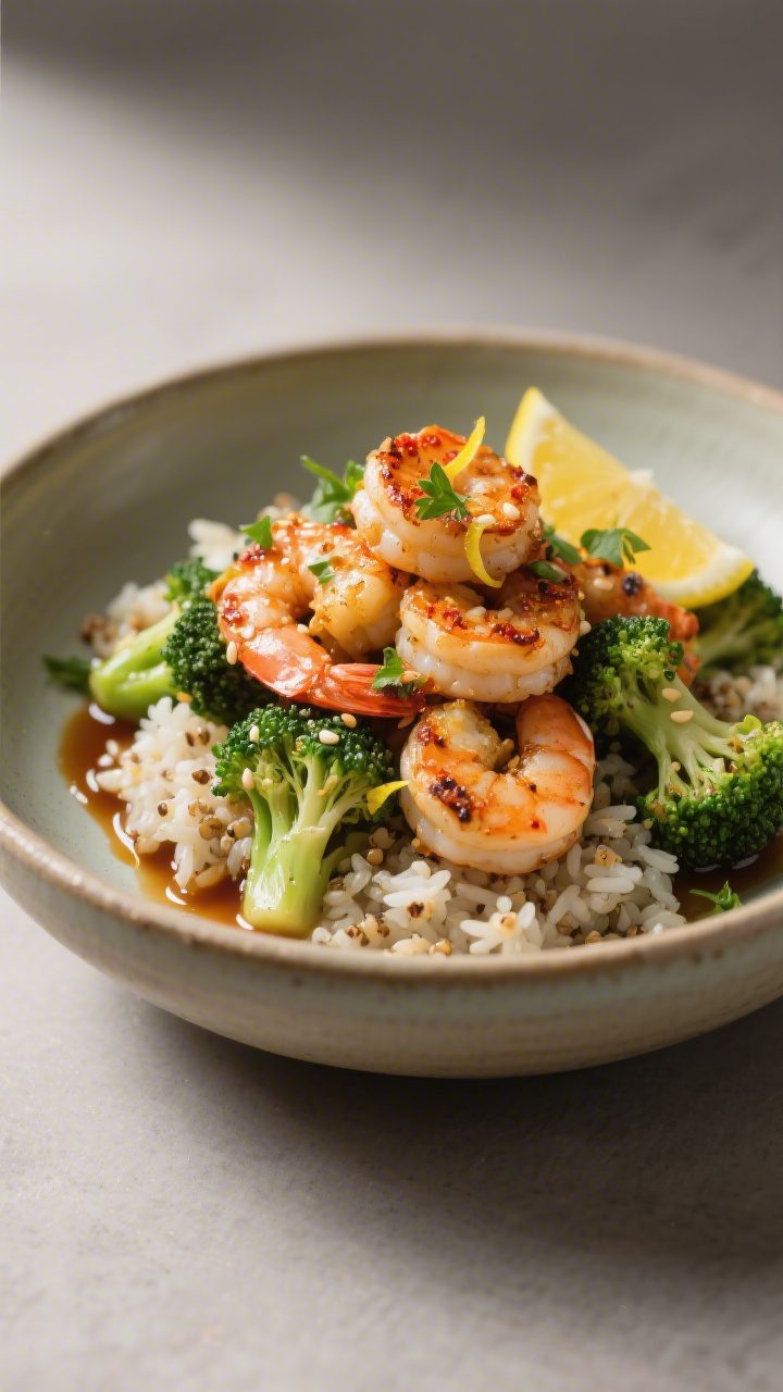 Final plated dish, restaurant-quality: Beautifully plated bowl of shrimp and broccoli over fluffy st