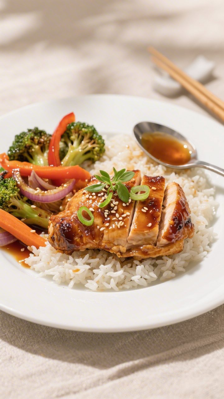 Final plated dish, restaurant-quality: Beautifully plated honey garlic chicken thigh sliced to revea