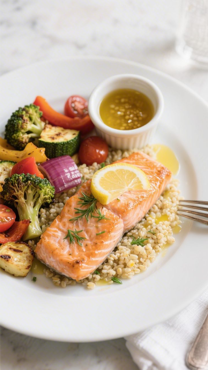 Final plated dish: Restaurant-quality presentation of one salmon fillet over a bed of lemony quinoa