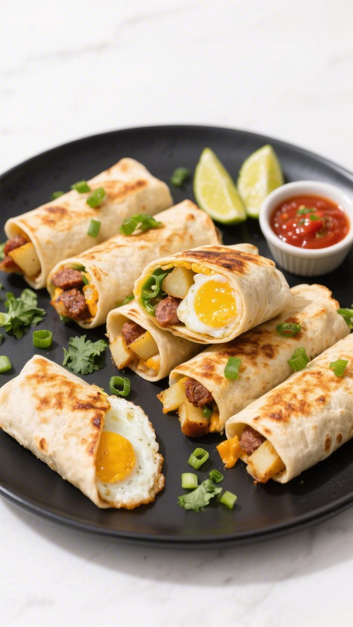 Final plated dish: Restaurant-quality presentation of golden-seared breakfast burritos (lightly brow