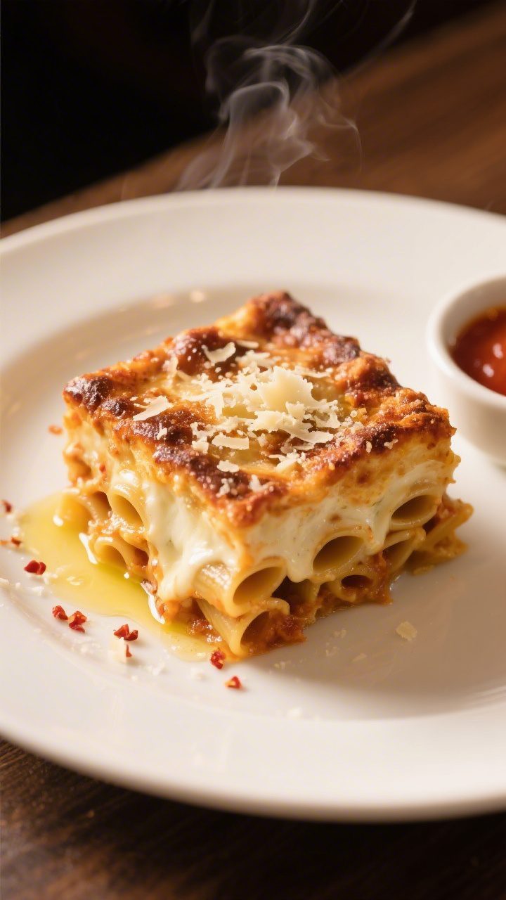 Final plated dish: Restaurant-quality presentation of a square slice of baked ziti on a warm white p