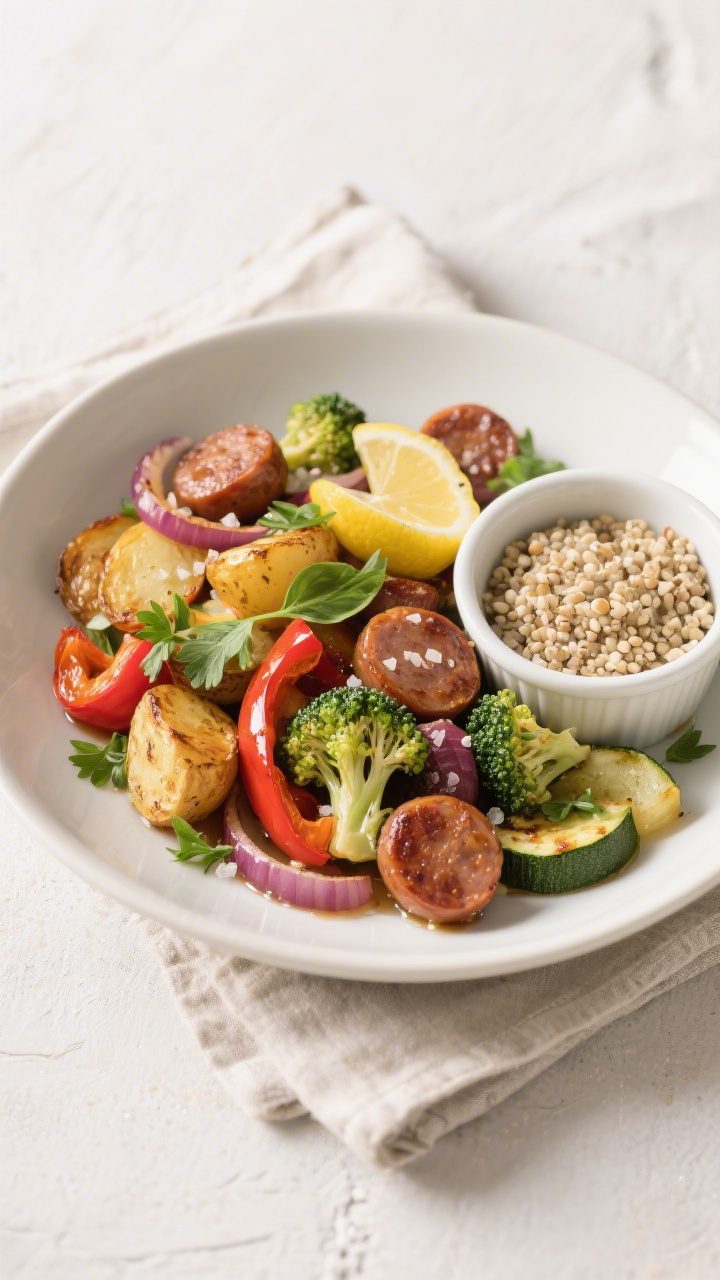 Final plated dish, restaurant-quality presentation: Beautifully plated sheet pan sausage and vegetab
