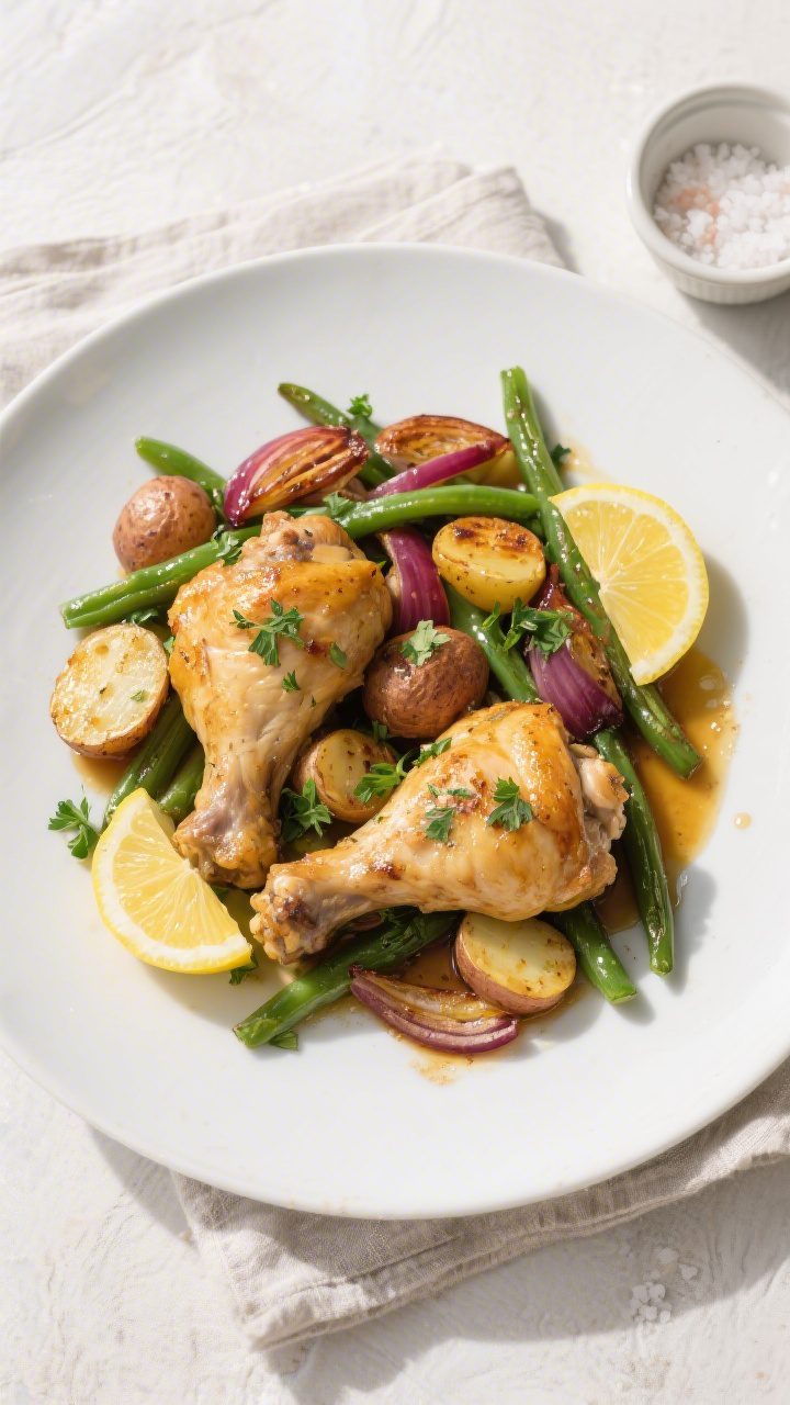 Final plated dish, tasty top view: Overhead restaurant-quality plate of Sheet Pan Lemon Herb Chicken