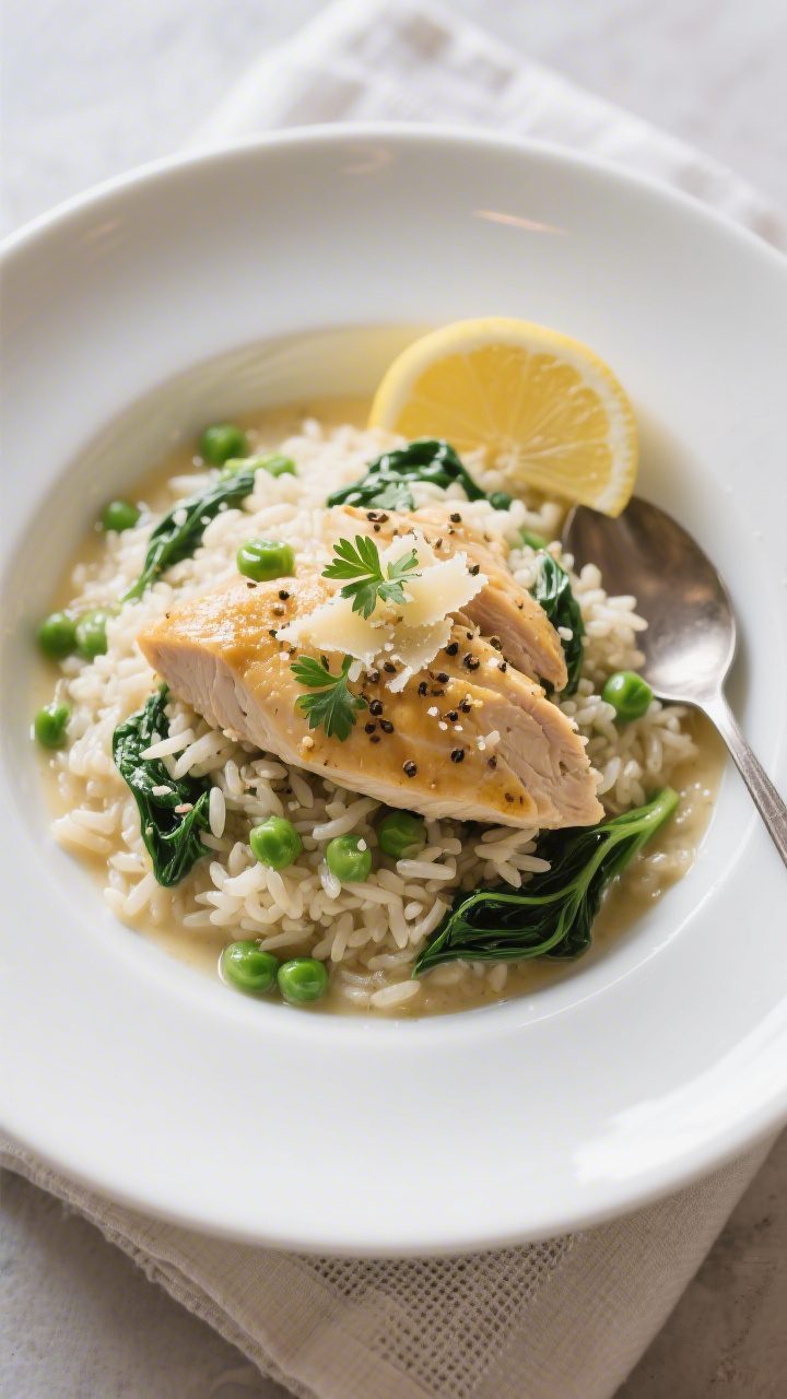 Final plated overhead: Restaurant-quality bowl of Creamy Chicken and Rice, . Tidy mound with defined