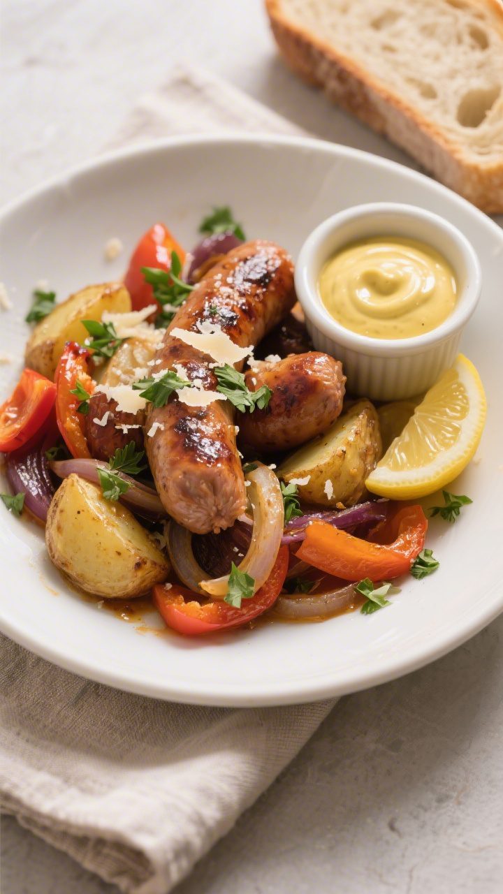 Final plated presentation: a shallow white ceramic bowl filled with the roasted sausage, potatoes, p
