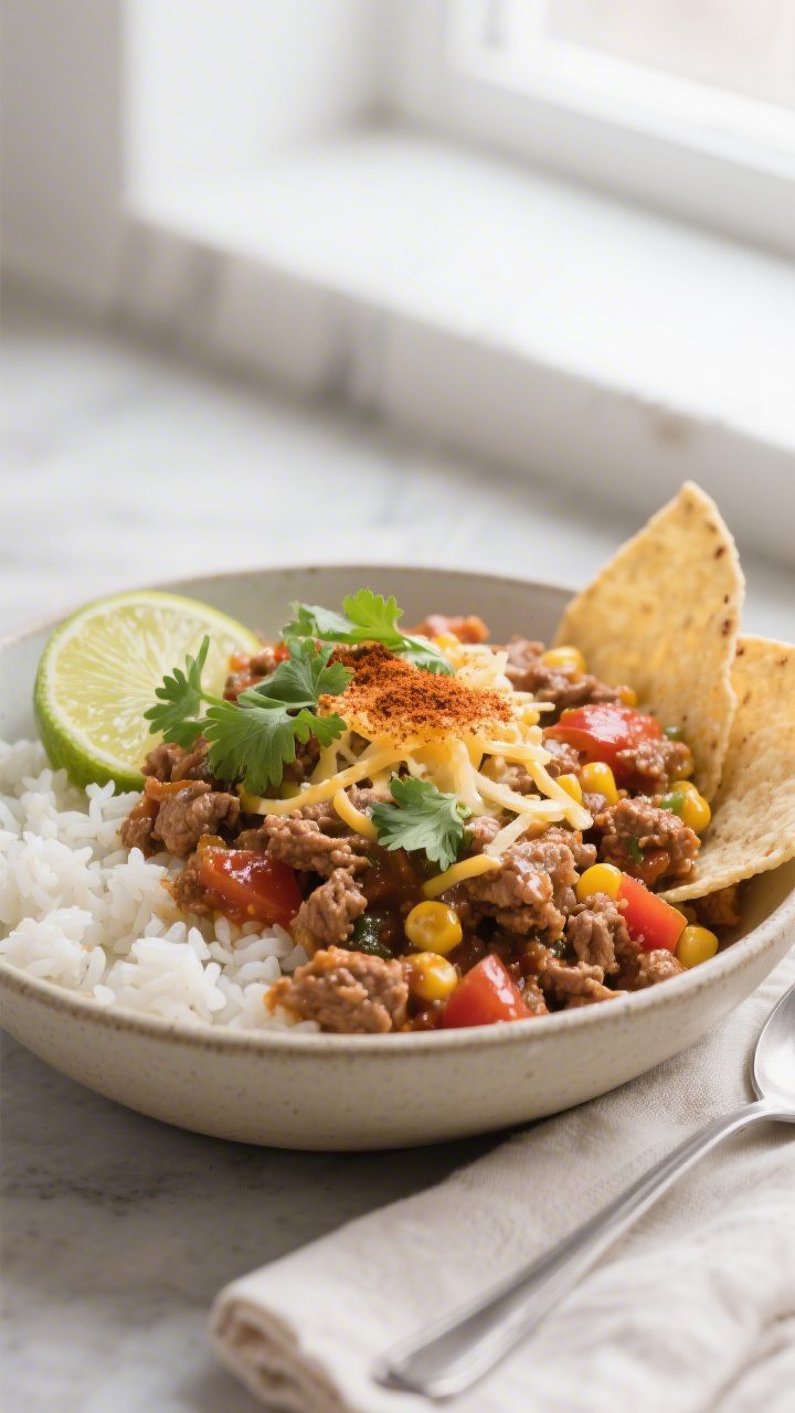 Final plated presentation: Bowl of Ground Turkey Taco Skillet scooped over fluffy white rice, topped