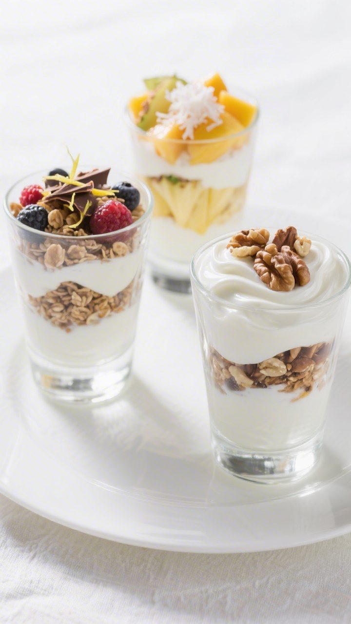 Final plated presentation: Restaurant-quality hero image of a finished yogurt parfait trio—one cla