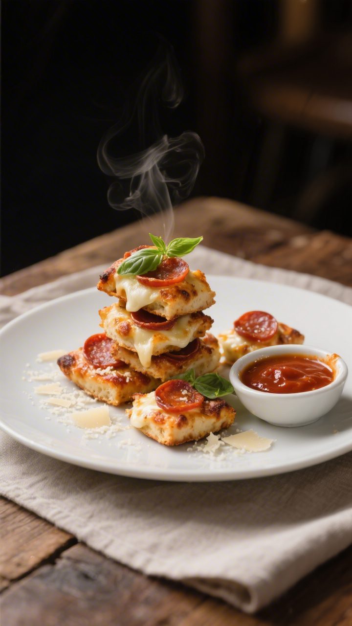Final plated presentation: Restaurant-quality plating of mini pepperoni pizza bites stacked on a mat