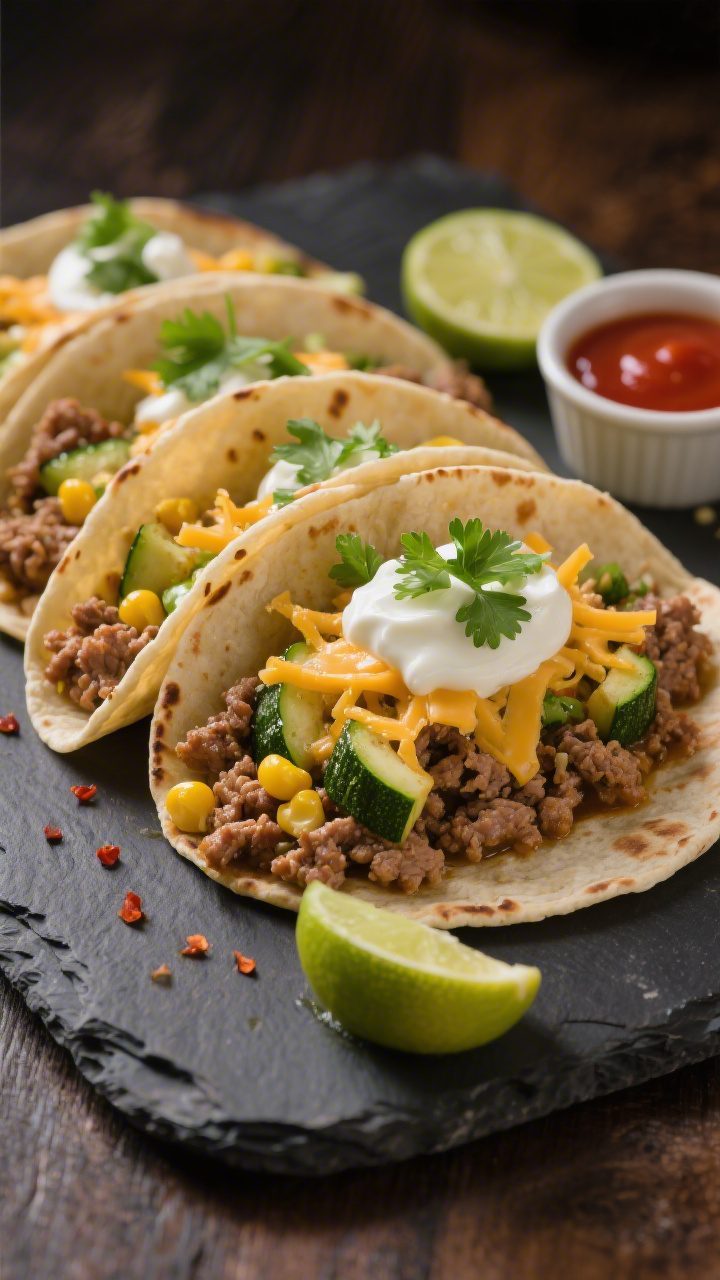 Final plated, restaurant-quality presentation: Beautifully plated ground turkey skillet tacos—warm