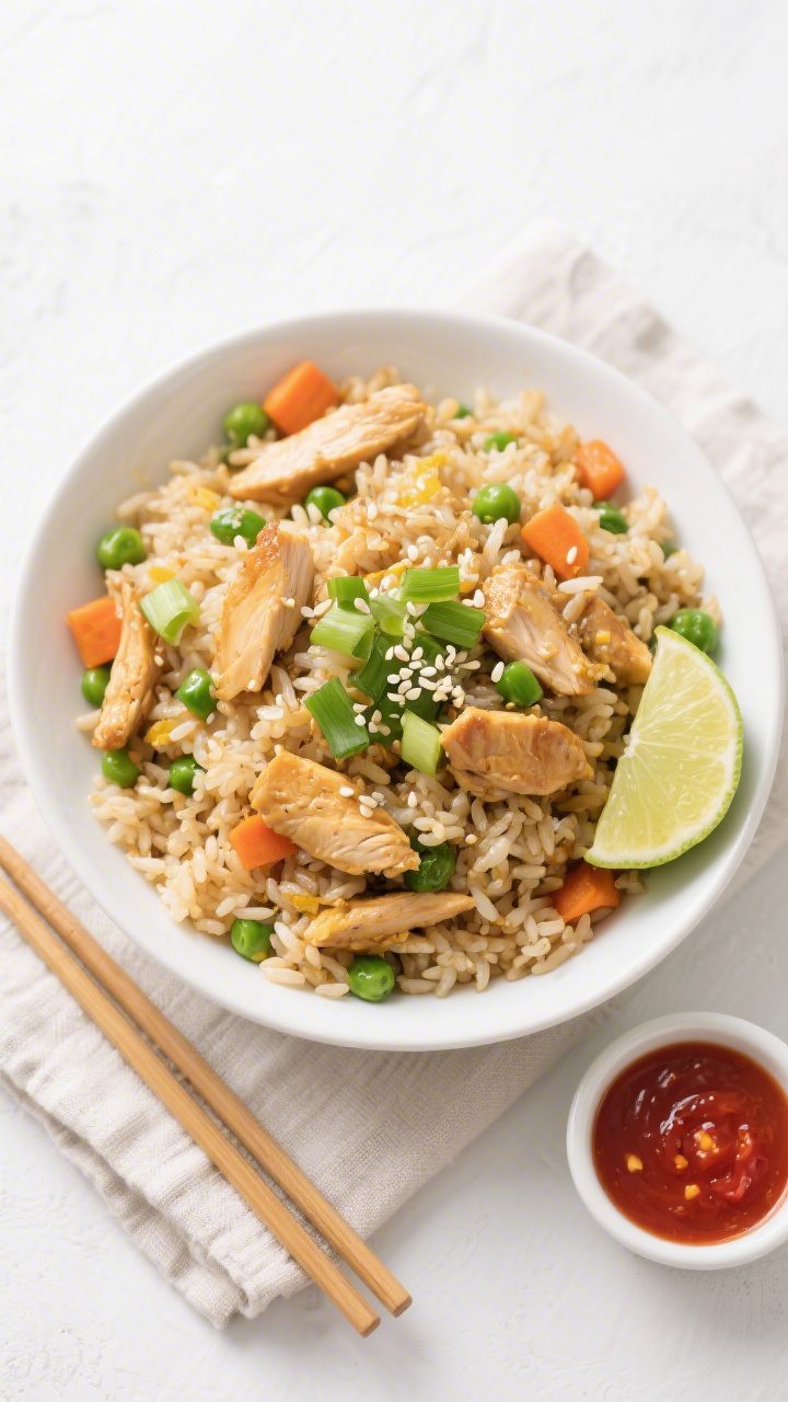 Final plated, top-down: Overhead shot of a generous bowl of 30-Minute Chicken Fried Rice, beautifull