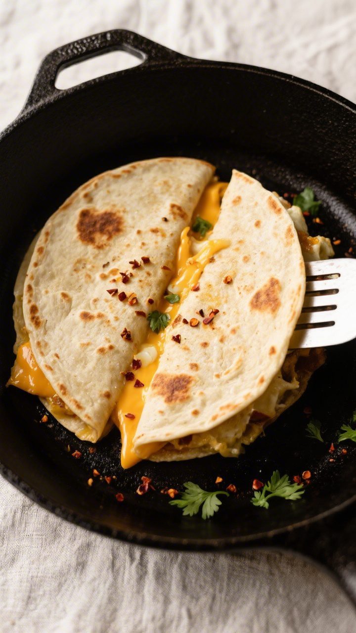 Overhead shot of a folded breakfast quesadilla cooking in a skillet, showing a perfectly golden, cri