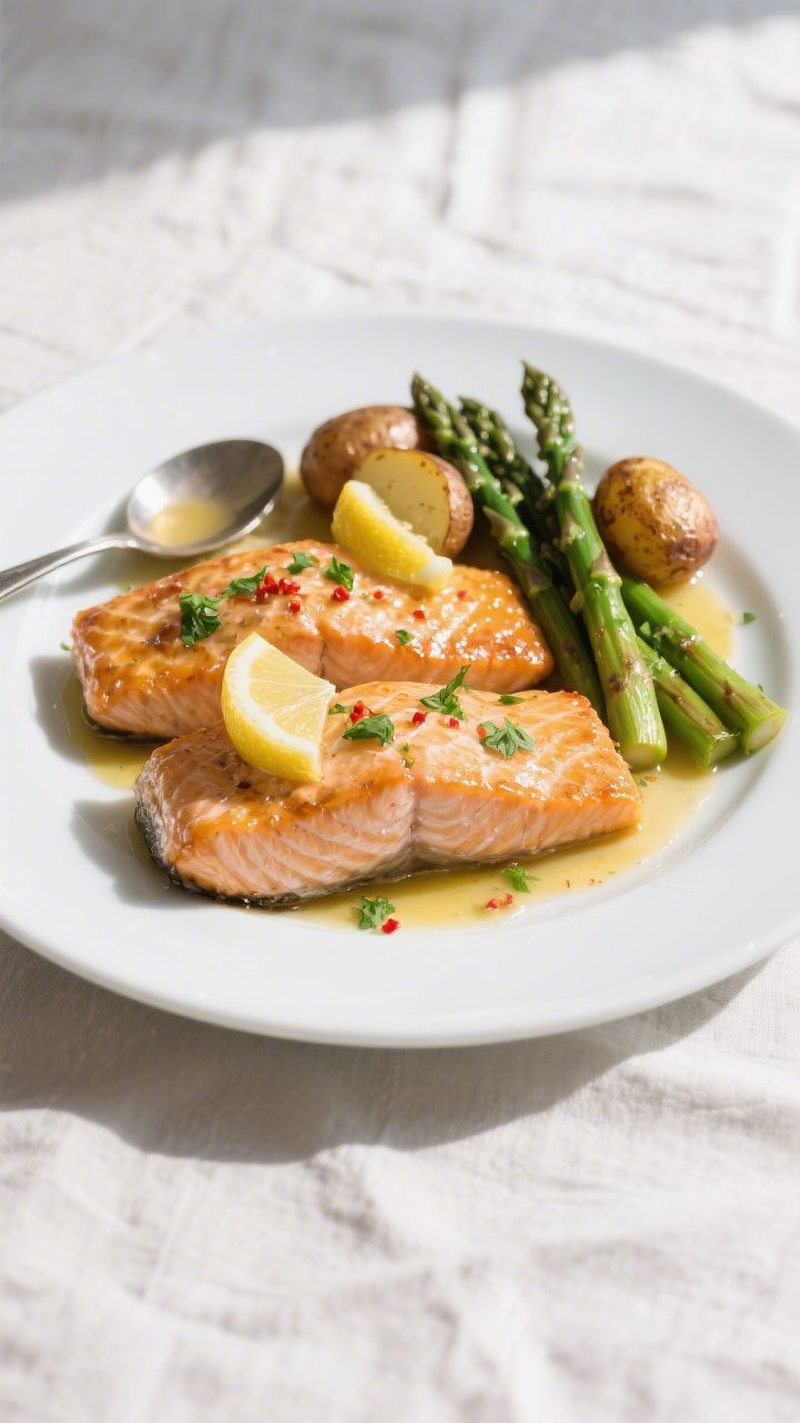 Overhead shot of final plated 30-Minute Lemon Garlic Salmon: two fillets glazed with a shiny lemon-b