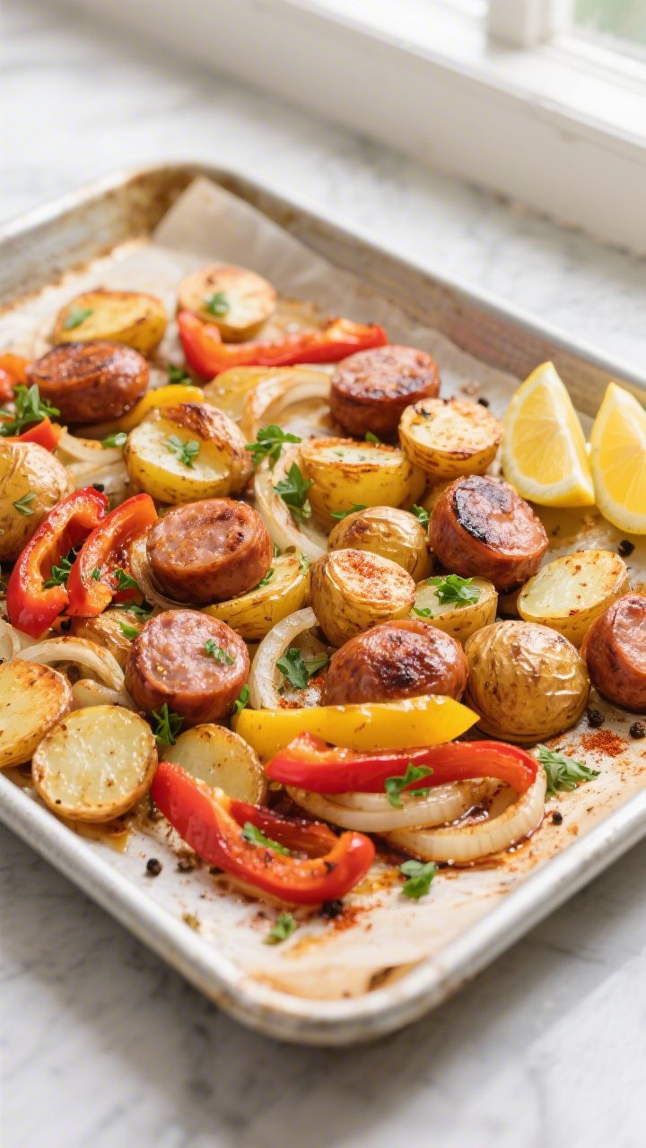 Overhead shot of the one-pan sausage and potatoes just out of the oven on a rimmed sheet pan, showin