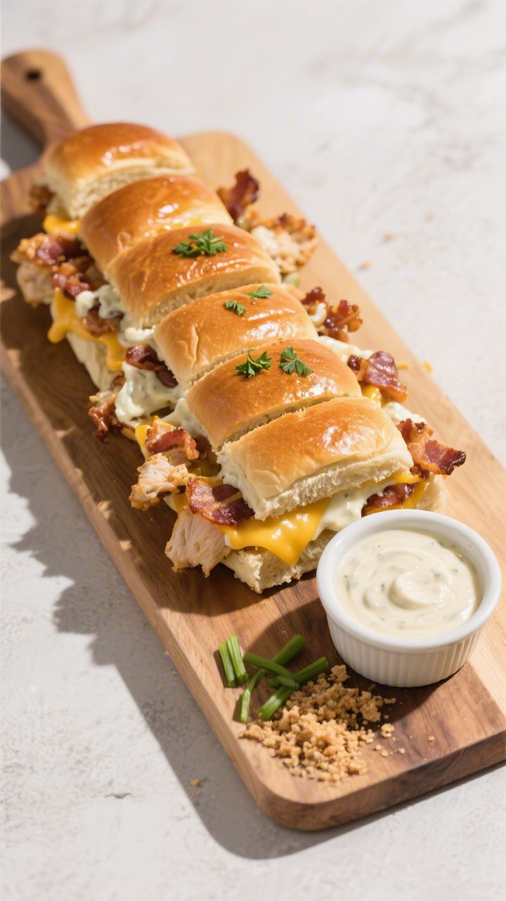 Overhead “tasty top view”: A clean top-down shot of the full slab of Chicken Bacon Ranch Sliders