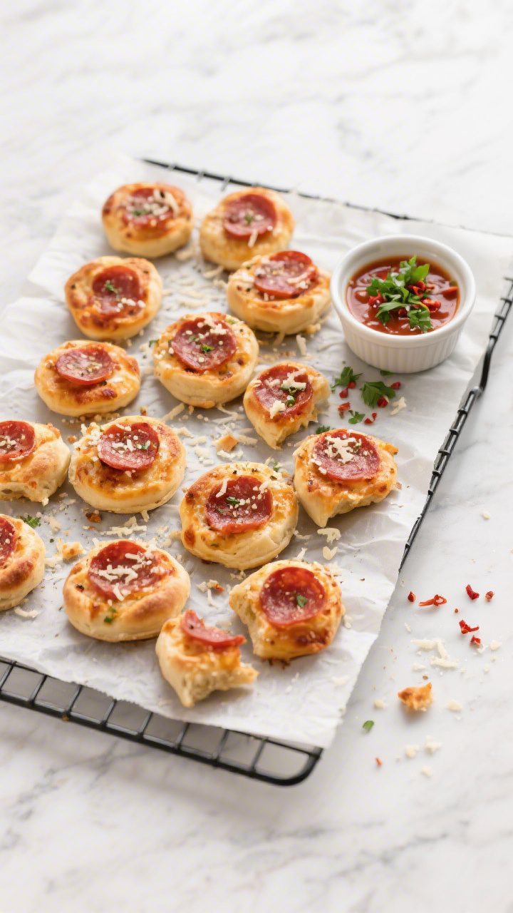 Overhead “tasty top view”: A parchment-lined cooling rack filled with baked mini pepperoni pizza