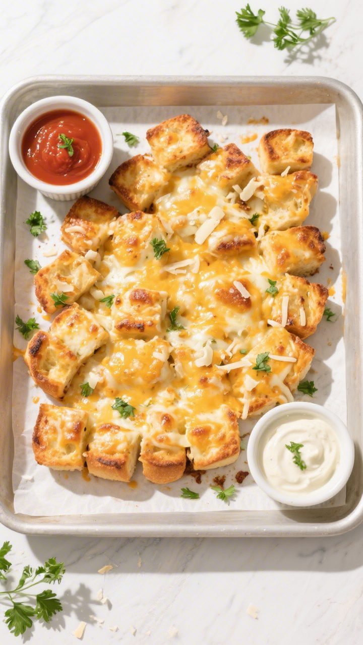 Overhead “tasty top view” of a snug single-layer pan of Cheesy Garlic Bread Bites on parchment:
