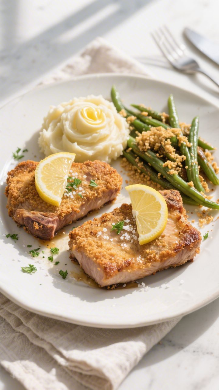 Overhead “tasty top view” of two air fryer breaded pork chops plated for serving on a matte whit