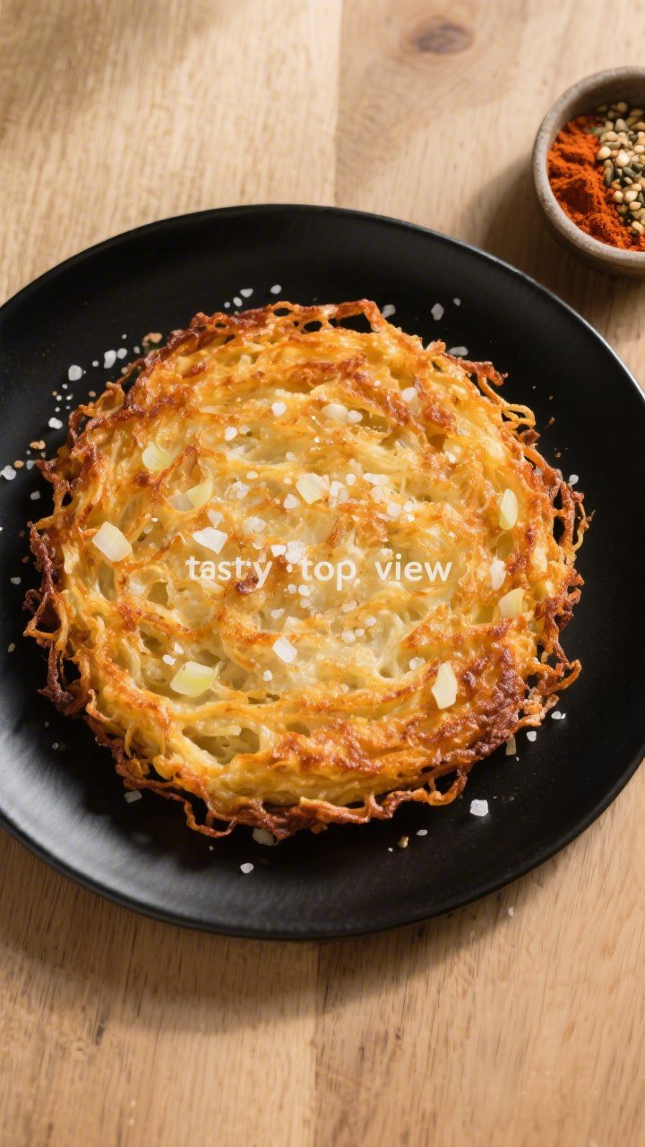 Overhead “tasty top view”: Top-down shot of a perfectly golden, evenly browned hash brown round