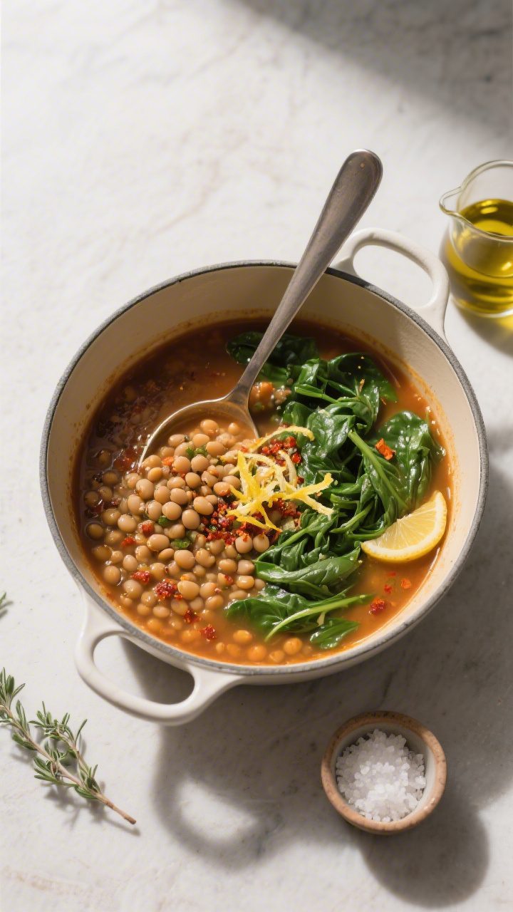 Overhead “tasty top view”: Top-down shot of the finished soup in a Dutch oven, ladle resting ins