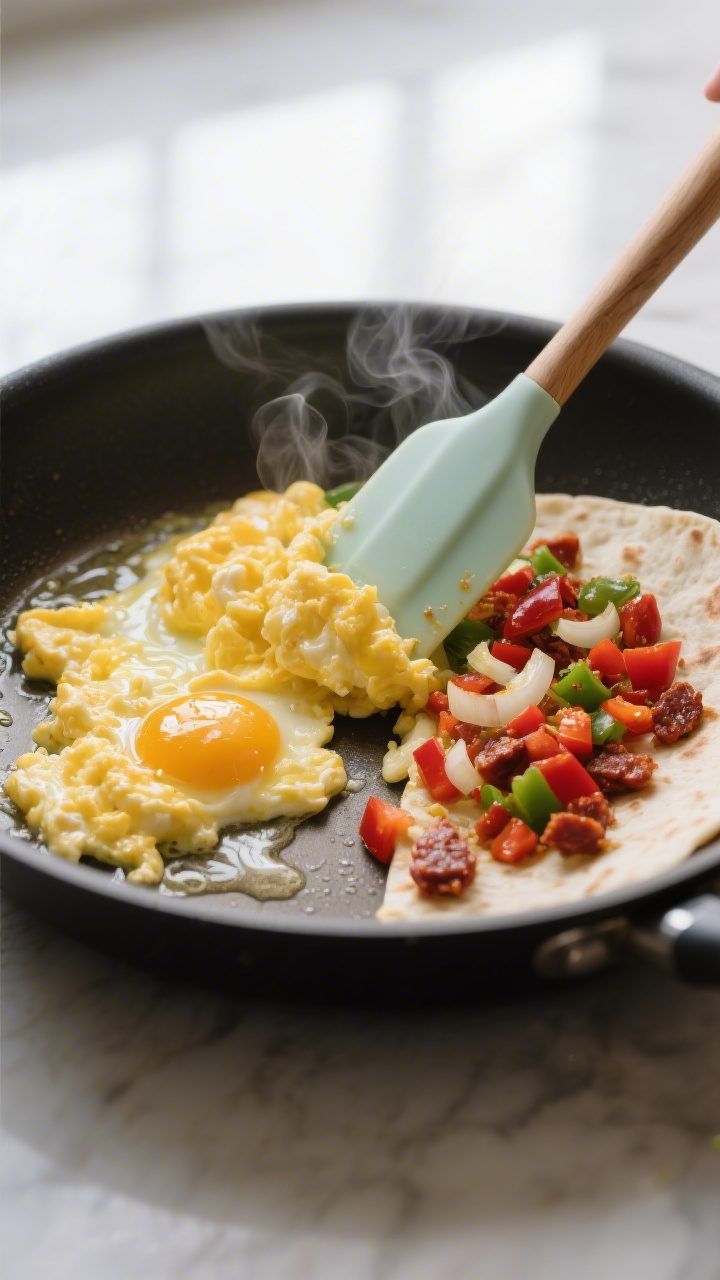 Soft-scrambled eggs for a breakfast quesadilla in a nonstick skillet, close-up detail of glossy, jus