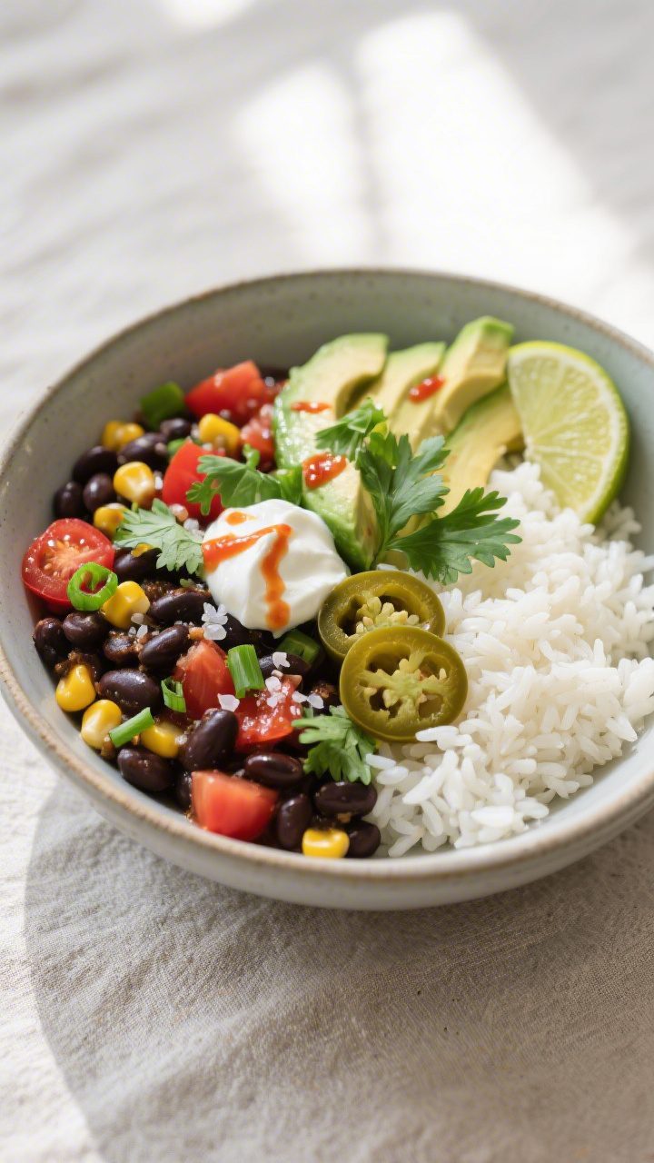 Tasty top view, assembled bowl: Overhead shot of a Rice and Beans Bowl with fluffy white rice on one