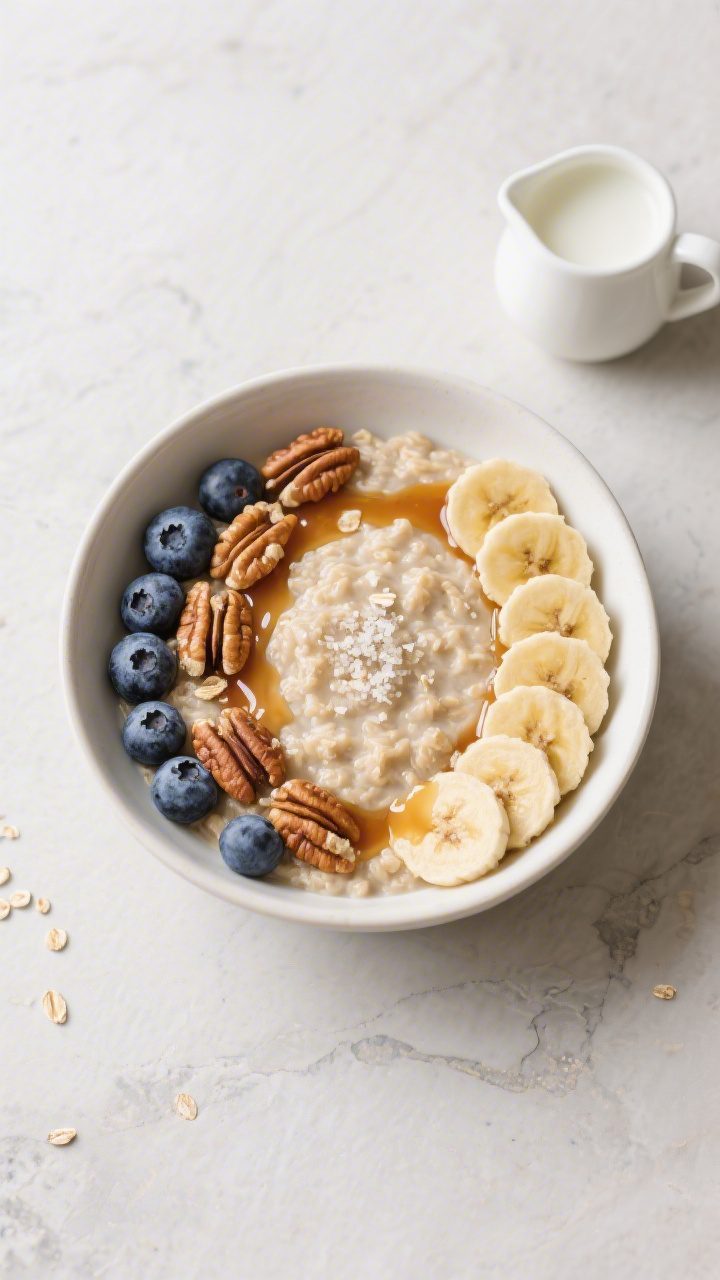 Tasty top view, clean styling: Overhead shot of a perfectly creamy oatmeal bowl showcasing distinct,