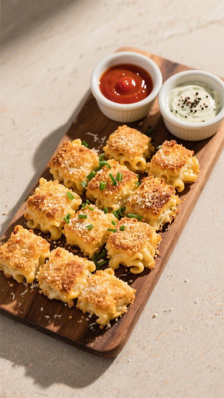 Tasty top view, final presentation: Overhead shot of a serving board with neatly arranged baked mac