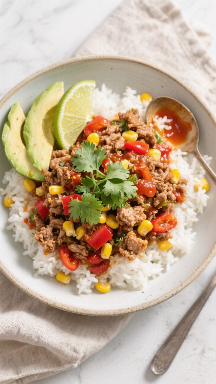 Tasty top view, overhead serving idea: Overhead shot of the finished 30-minute ground turkey skillet