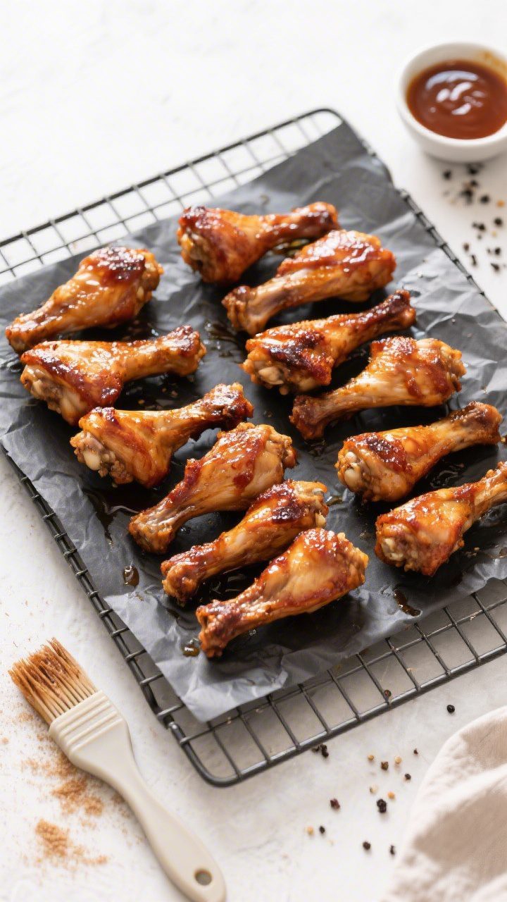 Tasty top view: Overhead shot of 8–10 air-fried BBQ drumsticks arranged in a single, evenly spaced