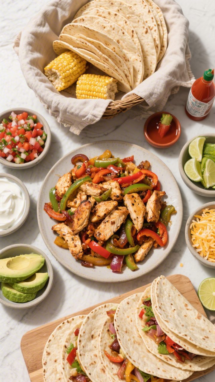 Tasty top view: Overhead shot of a DIY fajita spread, warm flour and corn tortillas stacked in a lin