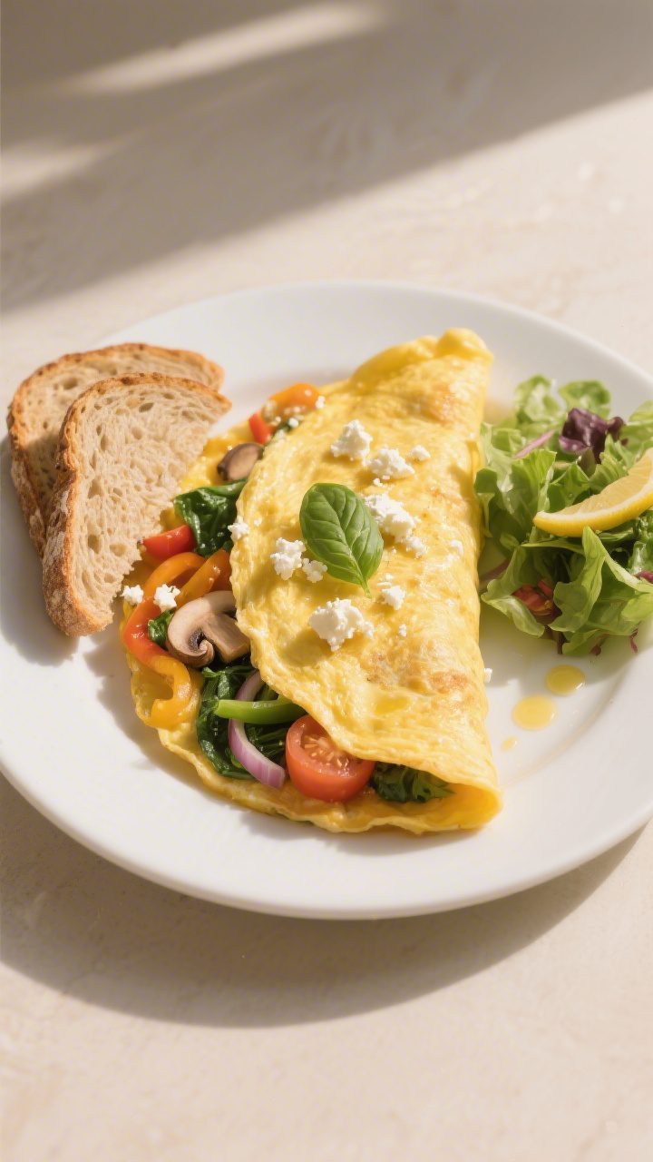 Tasty top view: Overhead shot of a finished 3-egg veggie omelet on a warm white plate, neatly folded