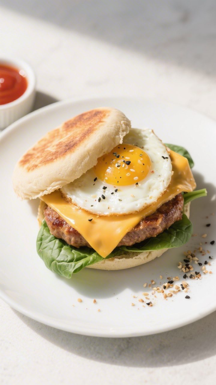 Tasty top view: Overhead shot of a fully assembled Breakfast Sausage and Egg Sandwich on a toasted E