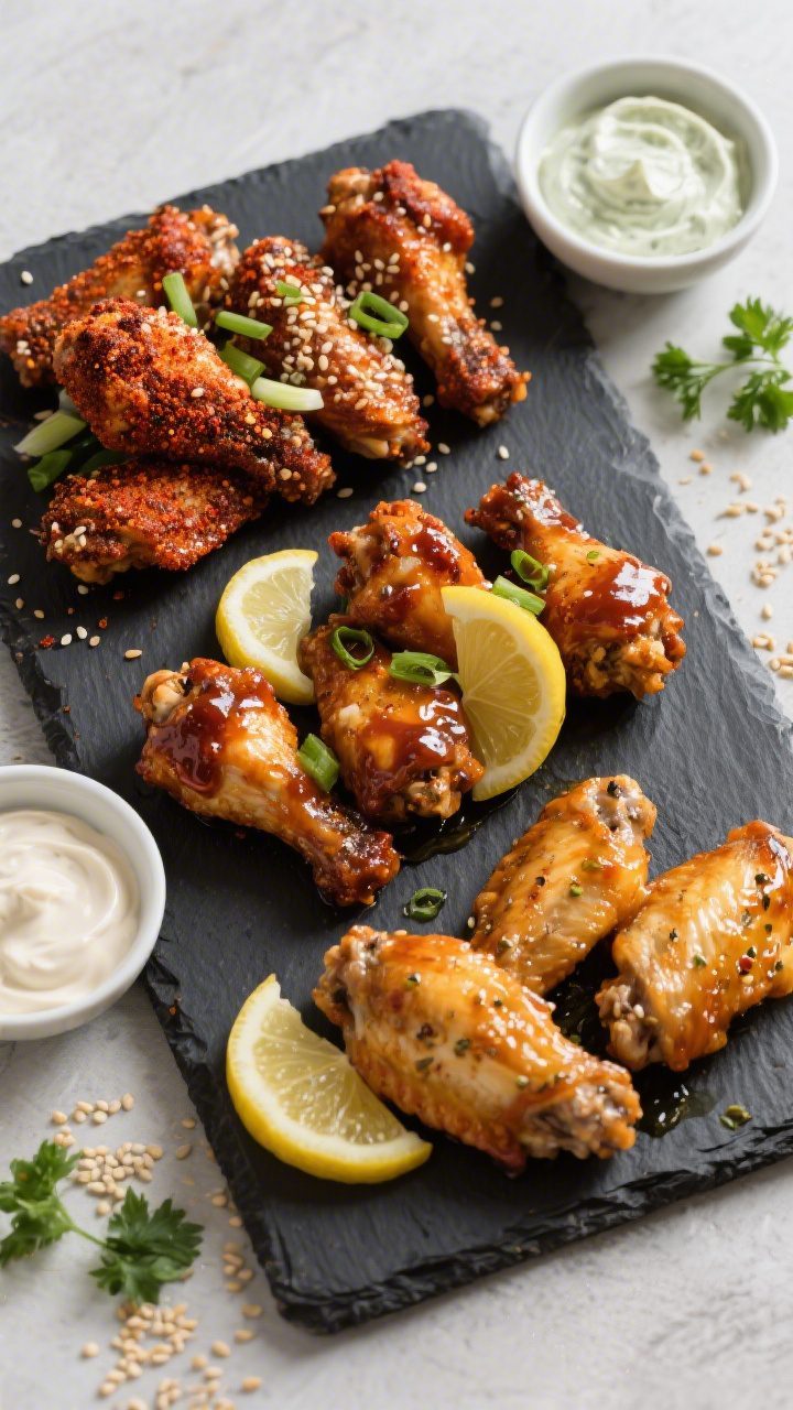 Tasty top view: Overhead shot of a game-day spread featuring three finishes from the recipe—dry-ru
