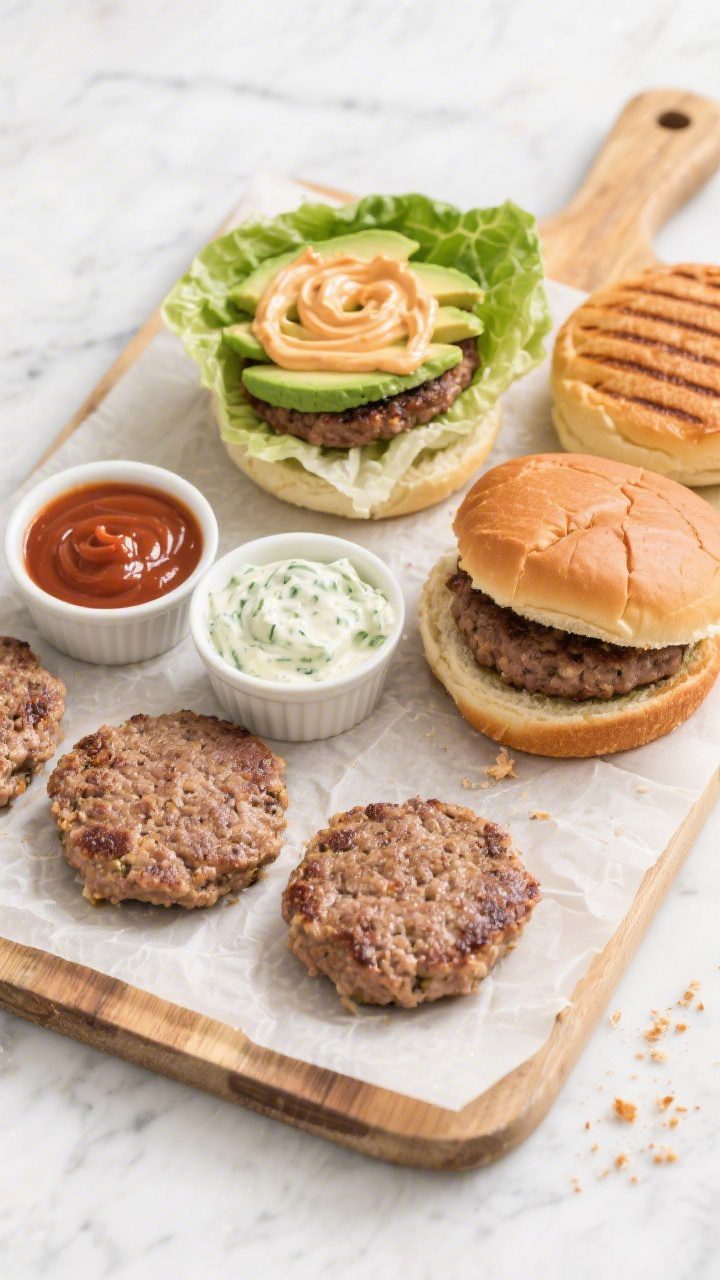 Tasty top view: Overhead shot of a meal-prep spread—four air-fried turkey burgers rested and ready