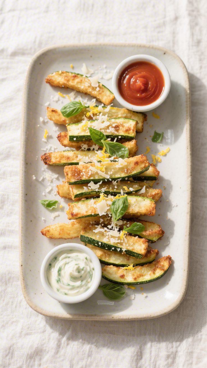 Tasty top view: Overhead shot of a platter of baked zucchini fries arranged in neat rows with space