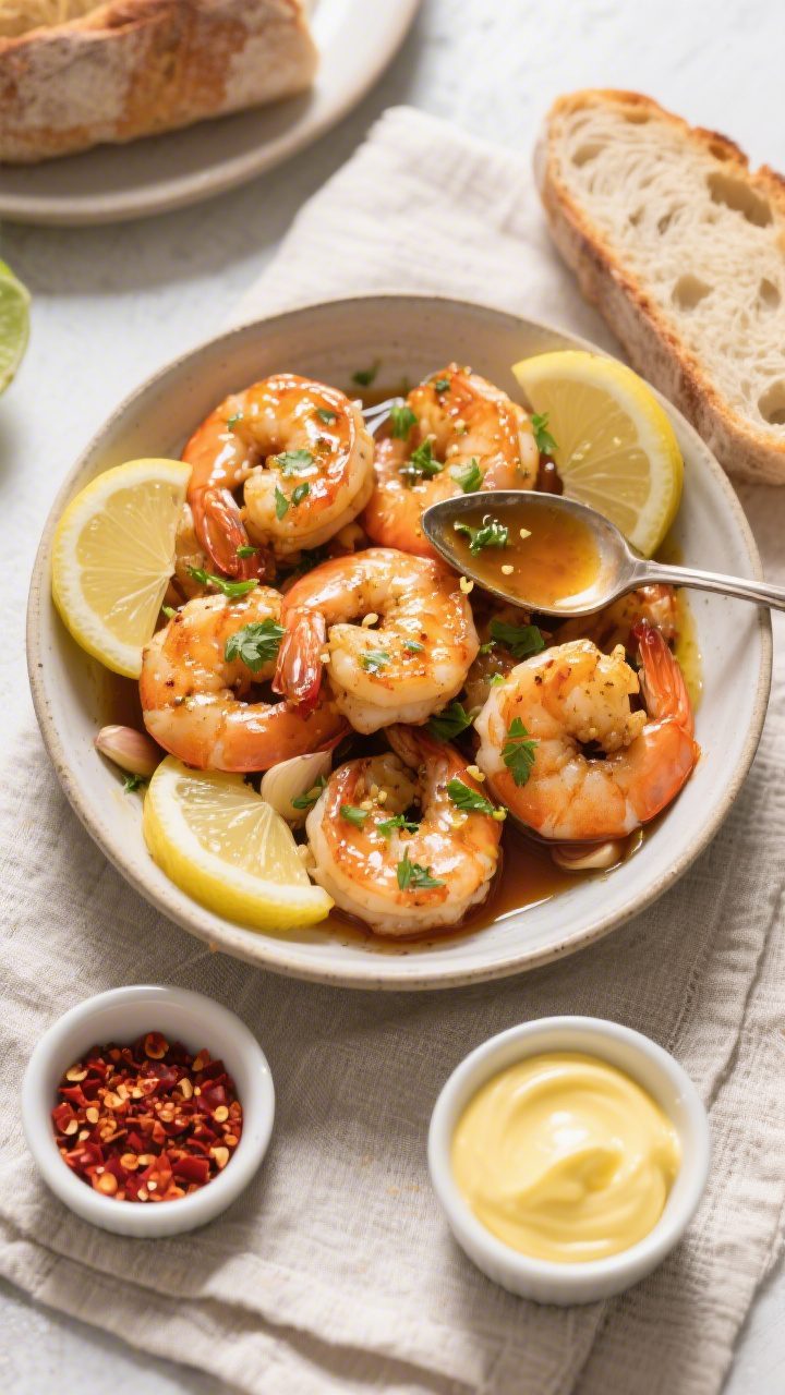 Tasty top view: Overhead shot of a warm serving bowl piled with garlic-butter air fryer shrimp, glos