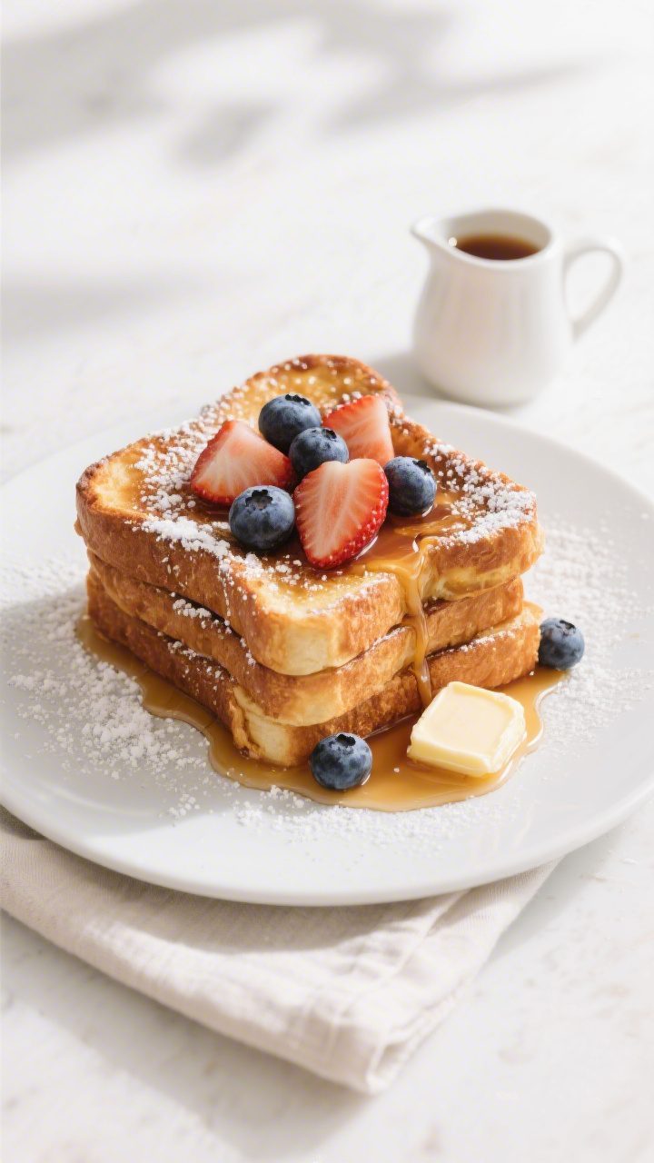Tasty top view: Overhead shot of a warm stack of French toast on a matte white plate, dusted with a