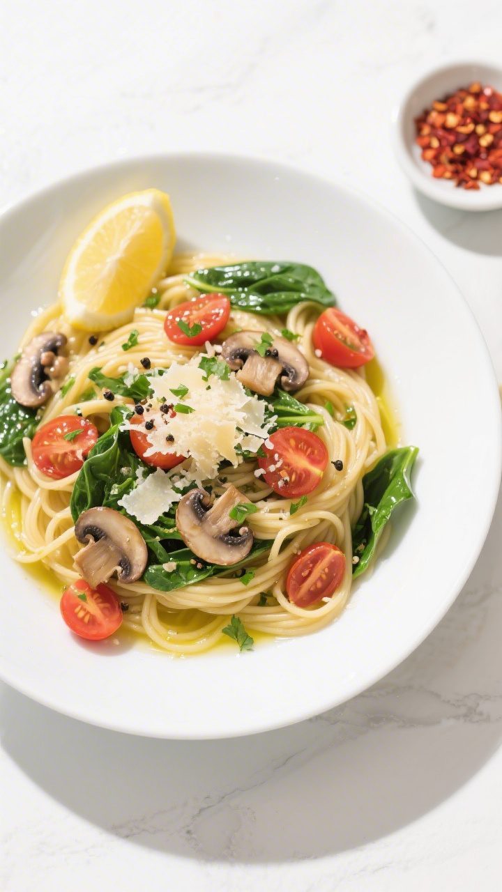 Tasty top view: Overhead shot of Budget Veggie Pasta plated in a wide white bowl—linguine coated i