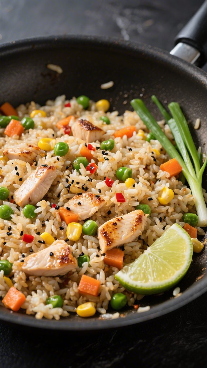 Tasty top view: Overhead shot of freshly cooked chicken fried rice spread in an even layer in the wo