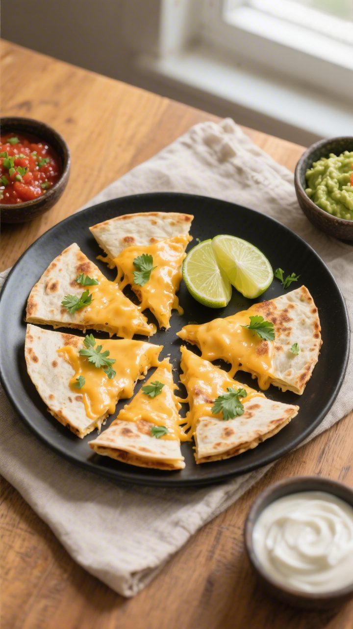 Tasty top view: Overhead shot of freshly sliced cheese quesadilla wedges arranged in a fan on a matt