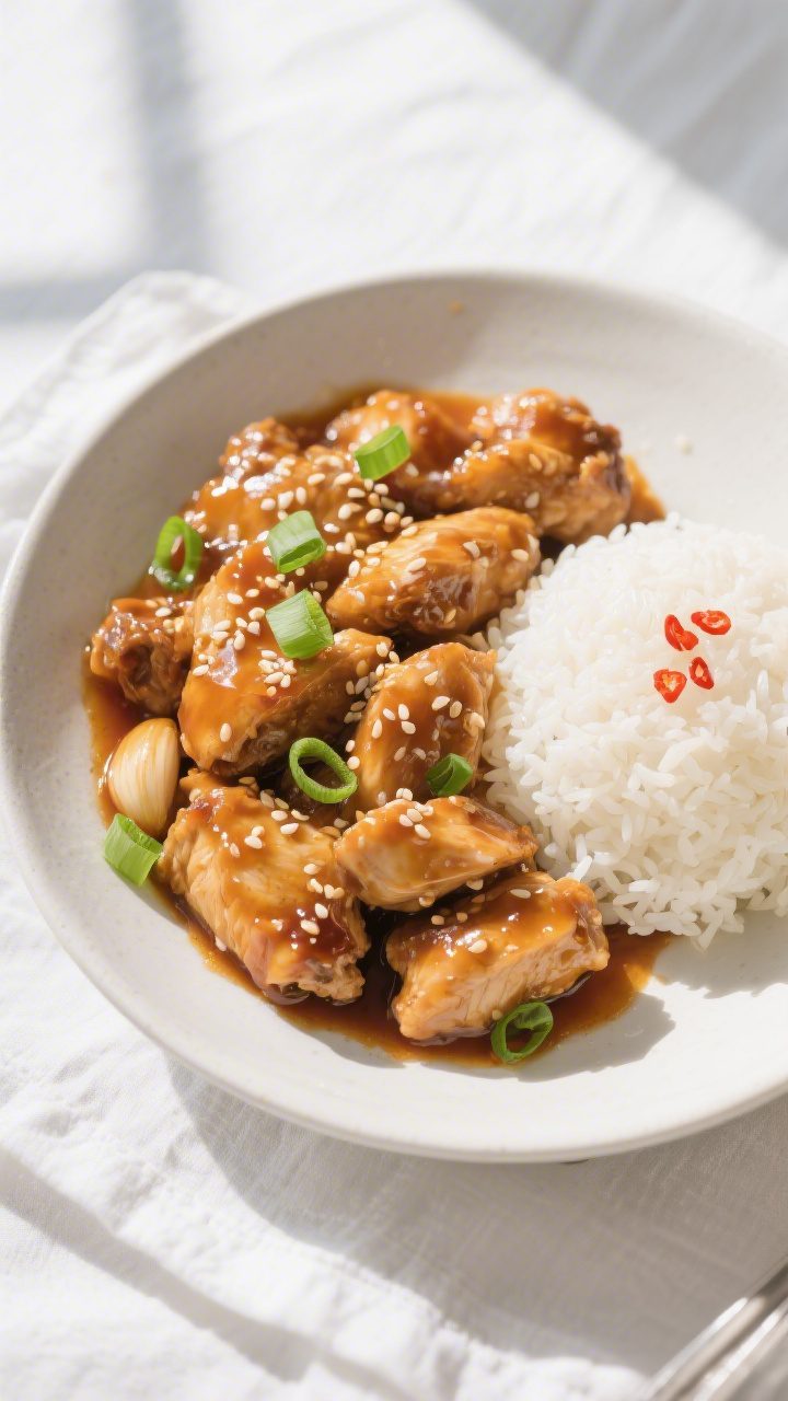 Tasty top view: Overhead shot of honey garlic chicken tossed in a thick, glossy, amber-colored sauce