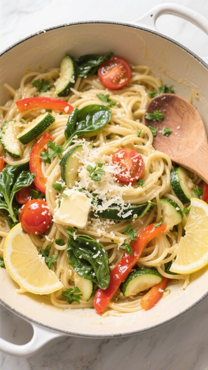 Tasty top view: Overhead shot of one-pan garlic butter pasta just off the heat in a Dutch oven, show