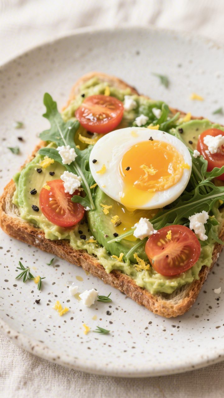 Tasty top view: Overhead shot of the final avocado toast with a jammy soft-boiled egg halved on top,
