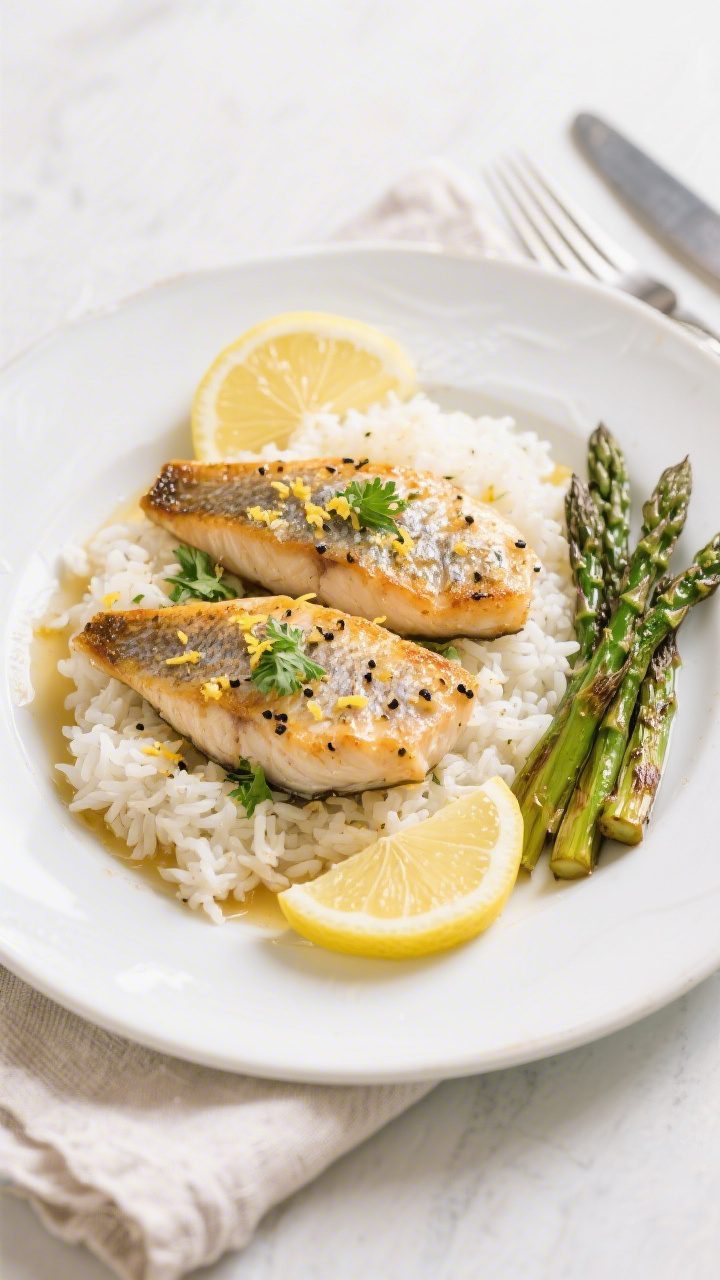 Tasty top view: Overhead shot of the final plated Air Fryer Tilapia with Lemon Garlic on a white cer